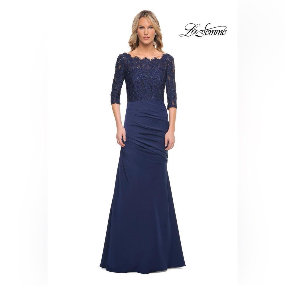 La Femme 24926 Sparkle Lace Trumpet Gown Navy Women's Size 14